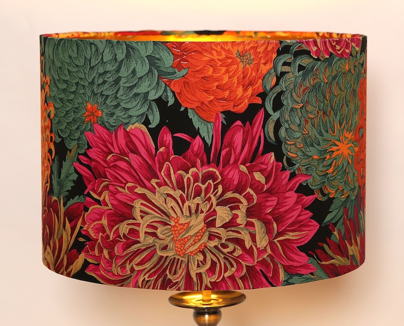 BESTSELLER Handgemaakte lampenkap, chrysant, bloemen, rood, oranje, groen, goud, modern en eigentijds afbeelding 8