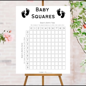 Può includere: Un gioco di baby shower stampabile in bianco e nero chiamato "Baby Squares". Il gioco si gioca indovinando l'ora e la data di nascita del bambino. Il tabellone di gioco è una griglia 10x10 con i numeri da 0 a 9 su ogni asse. Le istruzioni dicono di cerchiare il numero che corrisponde all'ultima cifra dell'ora o della data di nascita del bambino. Ad esempio, se il bambino è nato alle 13:14, si dovrebbe cerchiare il numero 4 nella sezione "ora" del tabellone. Le istruzioni dicono anche che "1 casella = €".