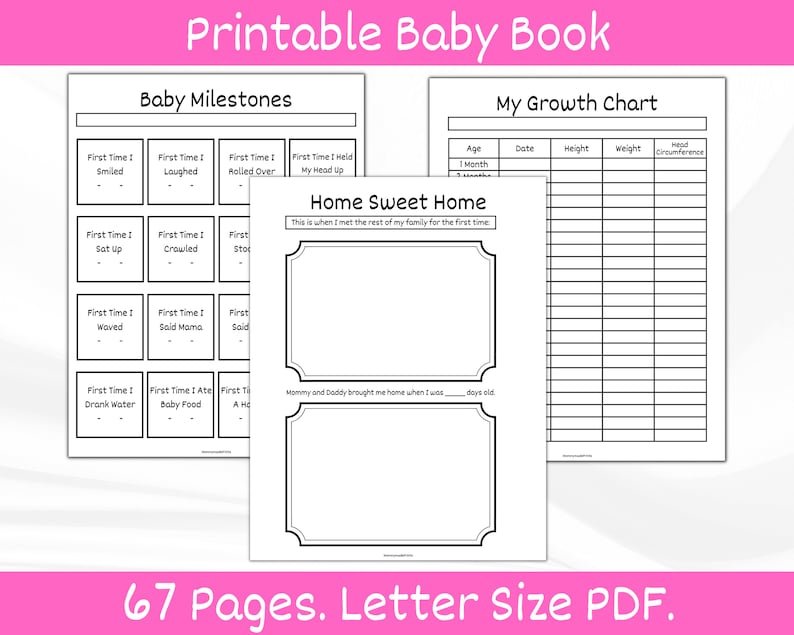 Op de afbeelding: Een printbaar babyboek met zwart-witte pagina's. De omslag heeft de titel "Printable Baby Book" in roze tekst. Het boek bevat pagina's om babymijlpalen bij te houden, een groeidiagram en een "Home Sweet Home"-pagina met ruimte voor een foto of tekening.