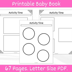 Op de afbeelding: Een zwart-wit printbaar babyboek met 67 pagina's. De pagina's hebben de tekst "Activity Time" en lege ruimtes om te schrijven en te tekenen.