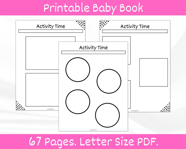 Op de afbeelding: Een zwart-wit printbaar babyboek met 67 pagina's. De pagina's hebben de tekst "Activity Time" en lege ruimtes om te schrijven en te tekenen.