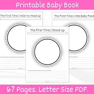 Op de afbeelding: Een printbaar babyboek met 67 pagina's. Het boek heeft een zwart-wit ontwerp met gestippelde cirkels en ruimte om te schrijven over mijlpalen zoals het omhoog houden van hun hoofd, het eten van babyvoeding en het staan.