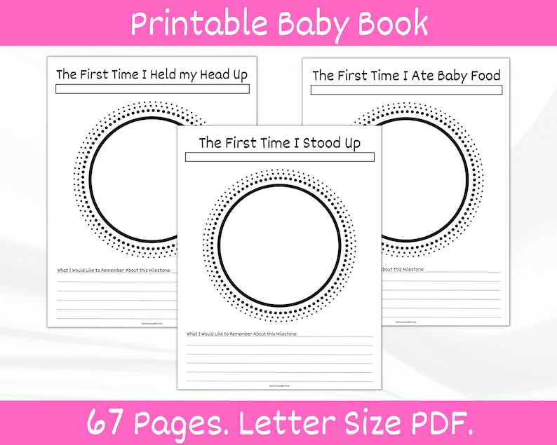 Op de afbeelding: Een printbaar babyboek met 67 pagina's. Het boek heeft een zwart-wit ontwerp met gestippelde cirkels en ruimte om te schrijven over mijlpalen zoals het omhoog houden van hun hoofd, het eten van babyvoeding en het staan.