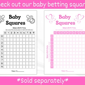 Op de afbeelding: Twee printbare babyborrelspelborden met roze en zwarte accenten. De borden zijn gelabeld met "Baby Squares" en hebben een raster met de nummers 0-9 bovenaan en 0-9 aan de zijkant. De tekst "Baby's Birth Time" en "Baby's Birth Date" zijn op de borden opgenomen. De tekst "Sold Separately" staat onderaan de borden.