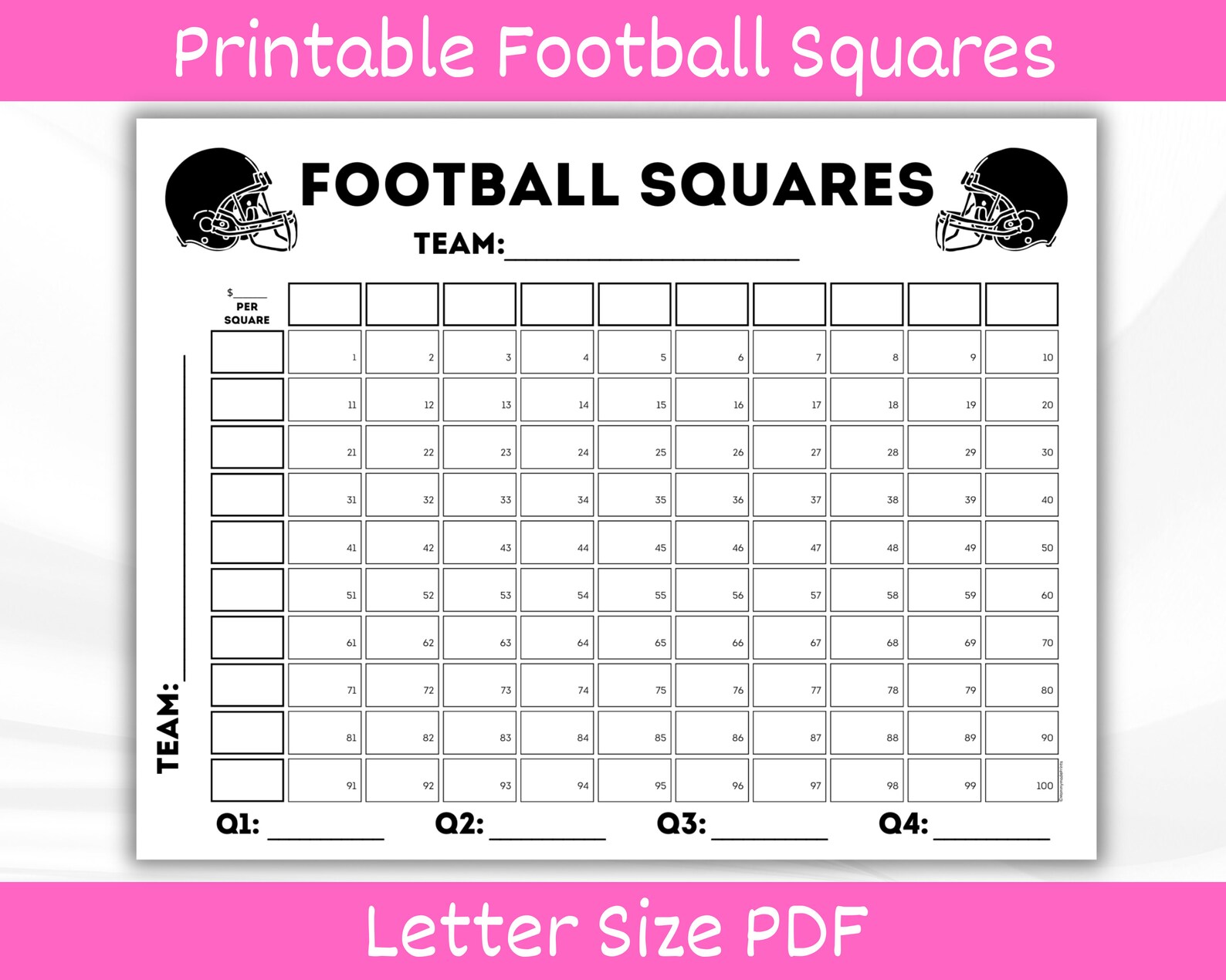 Football Squares Helmets Printable. Football Betting Game. Football ...
