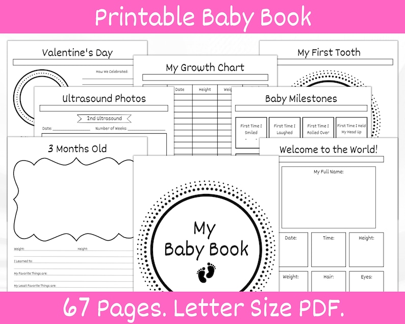 Op de afbeelding: Een zwart-wit printbaar babyboek met 67 pagina's. De omslag heeft een cirkel met de tekst "My Baby Book" en twee voetafdrukken. Het boek bevat pagina's voor het registreren van mijlpalen, groeidiagrammen, echofoto's en meer.