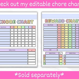Op de afbeelding: Twee printbare takenlijsten met een pastelkleurig regenboogkleurenschema. De linker lijst is gelabeld "CHORE CHART" en de rechter lijst is gelabeld "REWARD CHART". Beide lijsten hebben secties voor dagelijkse en wekelijkse taken.