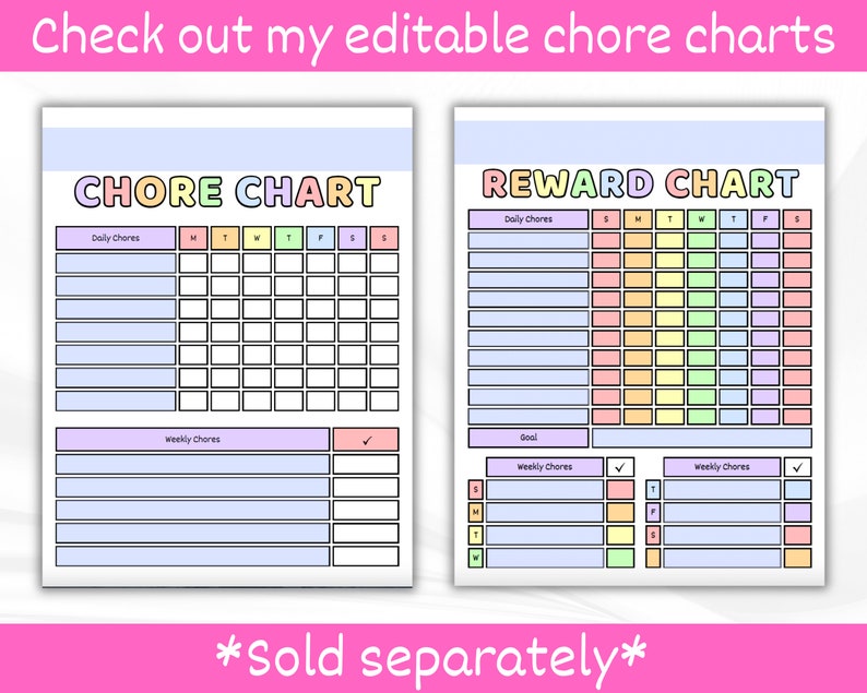 Op de afbeelding: Twee printbare takenlijsten met een pastelkleurig regenboogkleurenschema. De linker lijst is gelabeld "CHORE CHART" en de rechter lijst is gelabeld "REWARD CHART". Beide lijsten hebben secties voor dagelijkse en wekelijkse taken.