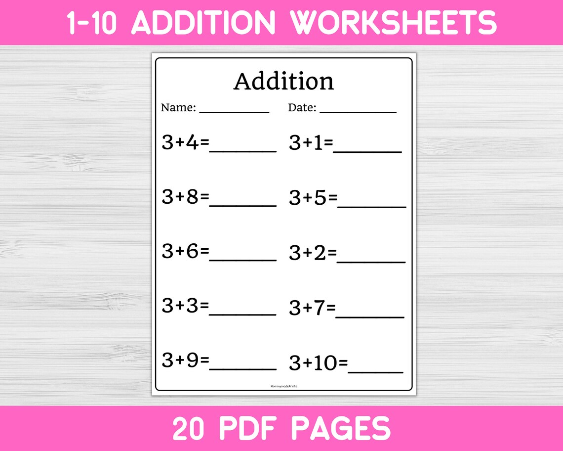 1-10 Addition Printable Worksheets. Preschool Worksheets. | Etsy