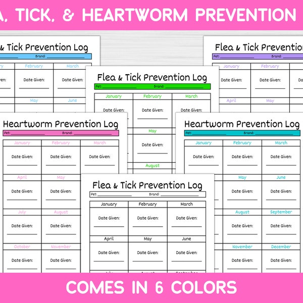 Flea, Tick, and Heartworm Prevention Printable Log. Dog Planner. Pet Records. Pet Planner. Pet Organizer. Pet Care. Pet Tracker. Dog Health.