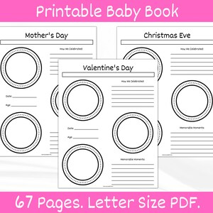 Op de afbeelding: Printbaar babyboek met pagina's voor Moederdag, Kerstavond en Valentijnsdag. Elke pagina heeft een grote cirkel voor een foto, ruimte voor de datum en leeftijd, en regels om te schrijven over hoe de dag werd gevierd en gedenkwaardige momenten.