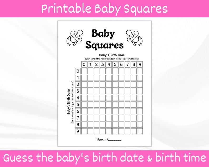 Baby Betting Squares Printable. Due Date Calendar. Baby Shower Games