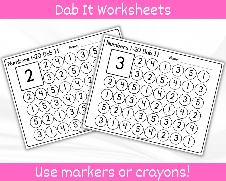 Op de afbeelding: Twee zwart-witte printbare werkbladen voor kinderen om te oefenen met het tellen van getallen van 1 tot 20. De werkbladen hebben de titel "Numbers 1-20 Dab It" en een ruimte voor een naam. Het eerste werkblad heeft het getal 2 in een vakje bovenaan en het tweede werkblad heeft het getal 3 in een vakje bovenaan. Beide werkbladen hebben 20 cirkels met de getallen 1 tot 5 in elke cirkel.