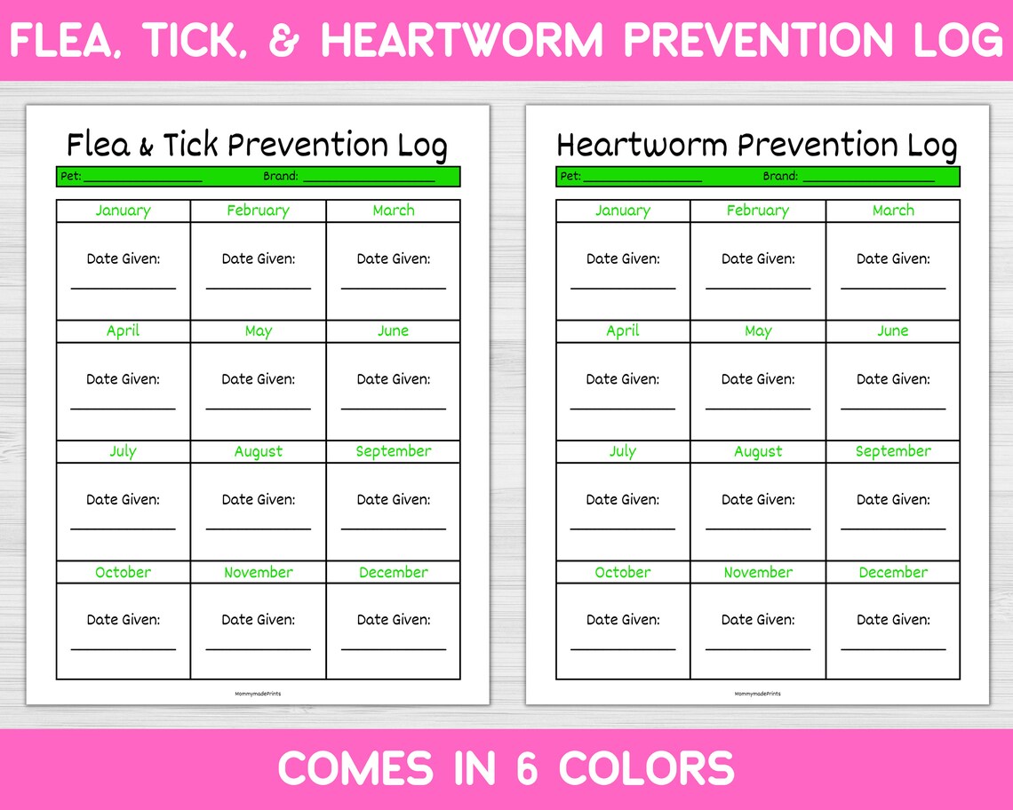 Flea, Tick, and Heartworm Prevention Printable Log. Dog Planner. Pet ...