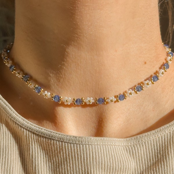 Beaded Floral Choker Necklace made with Glass Crystals and Sterling Silver Metal Plated with Gold