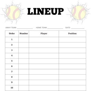 Softball Printable Line Up Sheet, Roster, Batting Lineup, Fastpitch Softball, Youth Softball, Softball Template, Coaching Tools