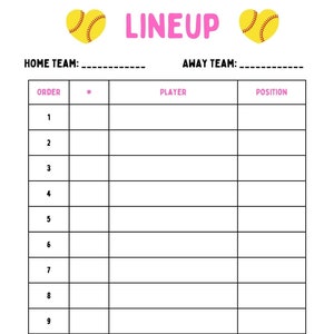 Printable Baseball/Softball Line Up Sheet | Batting Lineup | Batting Order Lineup | Baseball Line Up| Softball Line Up | Cute Softball