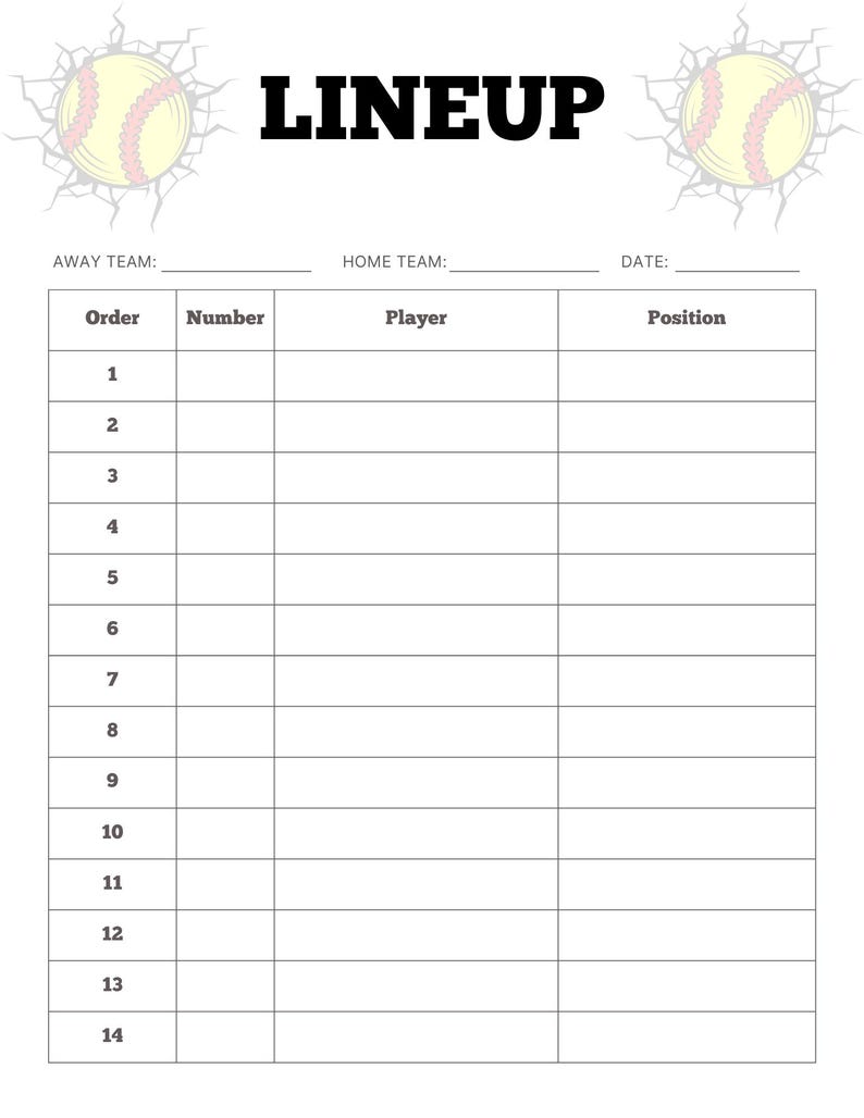 Softball Printable Line up Sheet Lineup Card Roster Batting Fastpitch