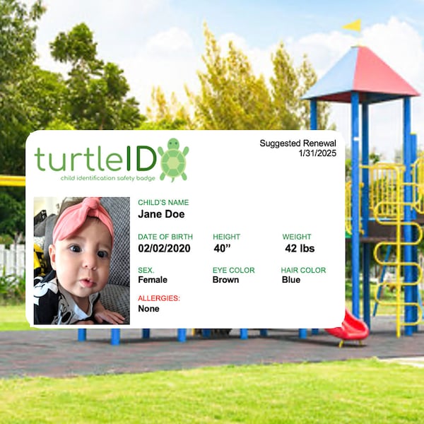 Children ID, safety badge, ID card, keeping kids safe, family ID, emergency card