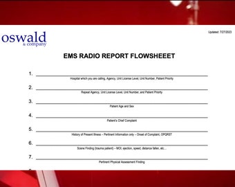 EMS Radio Report Sheet, Calling in a radio report to the hospital, paramedic, EMT, EMS