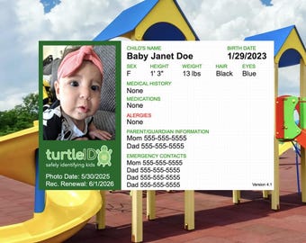 Children ID, safety badge, ID card, keeping kids safe, family ID, emergency card