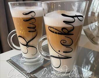 PAIR of Personalised Latte/Hot Chocolate Glasses/Mugs, Hot Drinks Glasses, Custom Name, Latte Mug