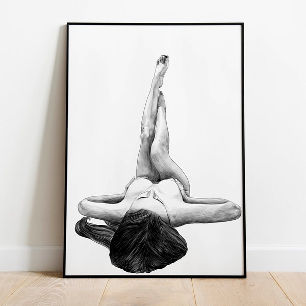 Artistic Nude Woman Legs Breasts Body, Pencil Sketch Black and White Print. Digital Download. Print At Home