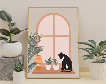 Cat Botanical Boho Wall Art Print. Digital Download. Print At Home