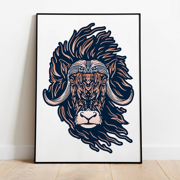 Musk Ox Bold Colour Block Tattoo Inspired Line Art Print. Digital Download. Printable at Home