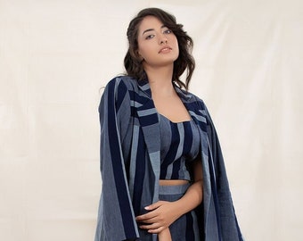 Navy Blue Striped Woven Cotton Co-Ord Set With Shrug Overcoat