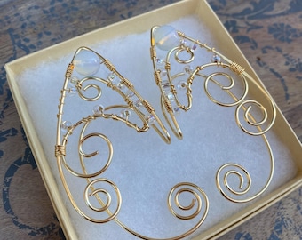 Handmade Wire Wrapped Opalite Gold Elf Ear Cuffs