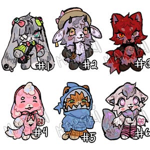 May include: Six cartoon animal characters with unique designs. The characters include a gray rabbit, a goat with a hat, a red fox, a pink dog, an orange cat in a shark hoodie, and a white fox. Each character has a number next to it.