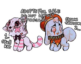 May include: Illustration of two cartoon creatures. One is a cat-like figure with a skull head, a pink cross, and striped limbs. The other is a mushroom-shaped character with a clown collar and a sad expression. Text reads "ADOPTS FOR SALE DO NOT REPOST @marskiiiii".