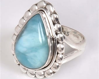 Pear Cut Engagement Ring-Oxidized Ring ON SALE Natural Larimar Ring-925 Sterling Silver Ring-Gemstone Ring-Fine Silver Ring-Wedding Ring