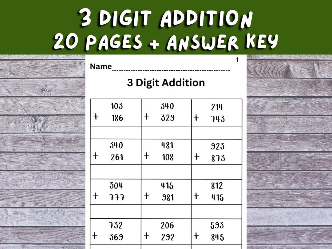 Plus Math Worksheet 3 Digits 20 Pages Printable 3-digit Addition Math Worksheet, Answer Keys ...
