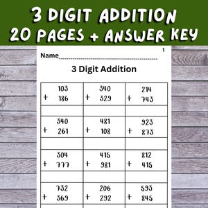 20 pages printable 3-digit Addition Math worksheet, Answer keys included