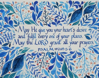 May the Lord Grant All Your Prayers Scripture Verse Card | Christian | Bible | Catholic | Calligraphy | Watercolour | Blessing | Blue