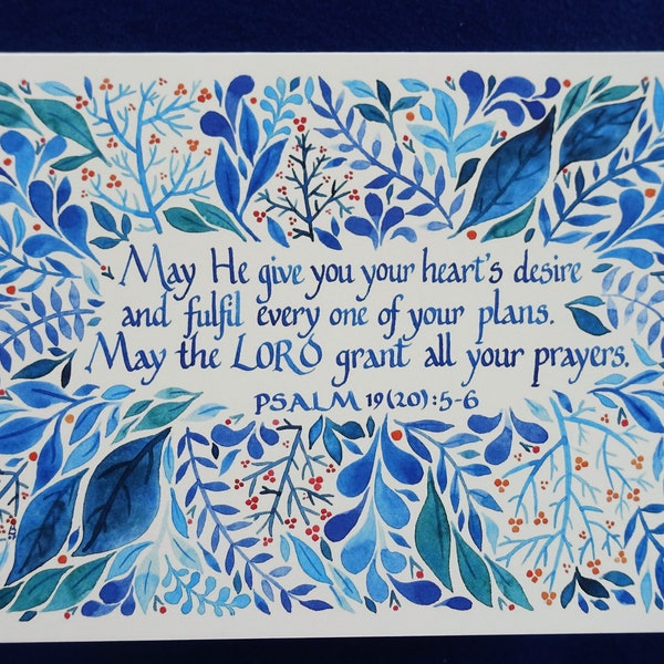 May the Lord Grant All Your Prayers Scripture Verse Card | Christian | Bible | Catholic | Calligraphy | Watercolour | Blessing | Blue