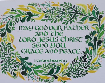 Grace and Peace Scripture Verse Card | Christian Bible Catholic Calligraphy Watercolour Wreath Blessing Religious Green Leaves