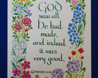 It Was Very Good Print | Genesis | Bible Verse | A5 | Catholic | Christian | Scripture | Floral | Watercolour | Calligraphy | Garden