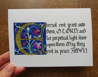 Eternal Rest Sympathy Card | Catholic | Christian | Bereavement | Calligraphy | Medieval | Manuscript | Watercolour | Mass Card