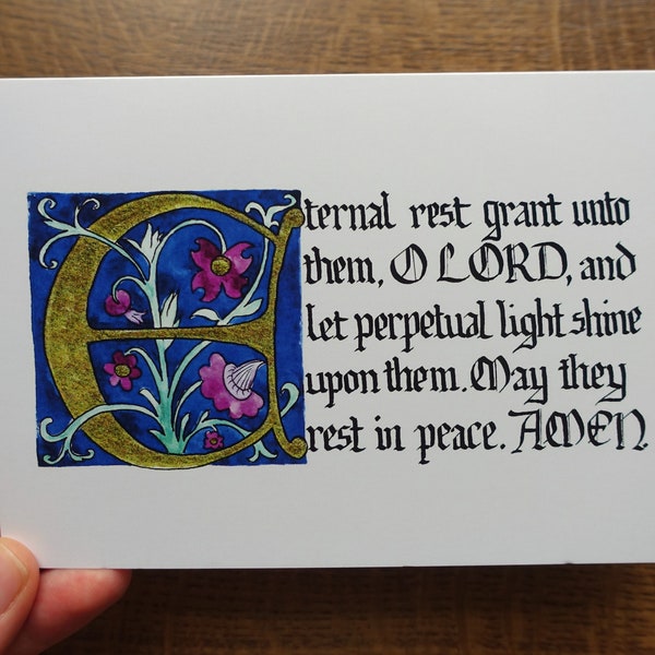 Eternal Rest Sympathy Card | Catholic | Christian | Bereavement | Calligraphy | Medieval | Manuscript | Watercolour | Mass Card