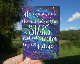 Counts the Stars | Bible Verse Card | Catholic | Christian | Scripture | Watercolour | Calligraphy | Galaxy | Space | Psalm | Creation