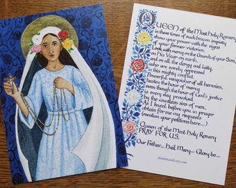 Our Lady of the Rosary Prayer Card | Catholic | Christian | gift | religious | calligraphy | watercolour | original art | novena | BVM