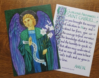 Archangel Gabriel Prayer Card | Catholic | Christian | gift | religious | calligraphy | watercolour | St Gabriel | original art | novena