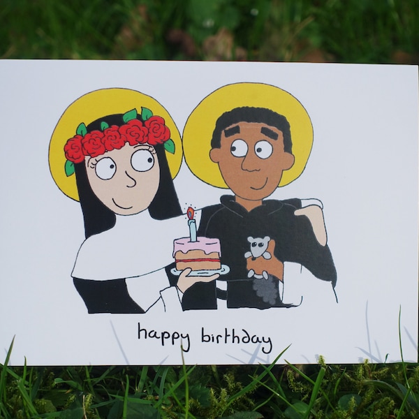 Carte de joyeux anniversaire St Rose et St Martin Dessin animé Saints Cartes catholiques amusantes Chrétien Frère Dominicain Gâteau d'anniversaire Célébration Amis