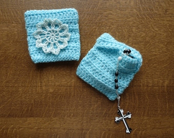 Our Lady of the Snows Pouch | Hand Crocheted Rosary Pouch | Hand made | Snowflake | Catholic | Christian | Gift for Her | Blue | Mary