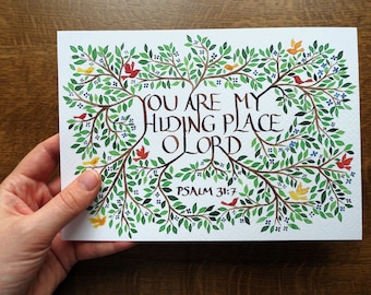 Hiding Place Postcard Print | Psalm 31(32) | Scripture | Christian | Catholic | Calligraphy | Floral | Stationary | Watercolour | Prayer