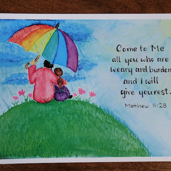 Come To Me A6 Art Print Encouraging Scripture Print Christian Bible Verse Father Daughter Rainbow I Will Give You Rest Matthew 11:28