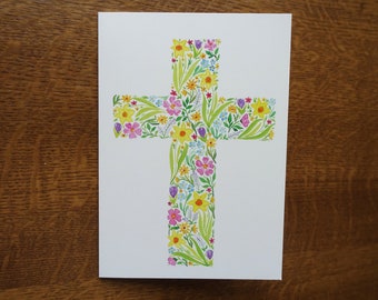 Flower Cross Easter Card | Christian | Catholic | Flowers | Spring | Joyful | Watercolour | Resurrection | Paschal